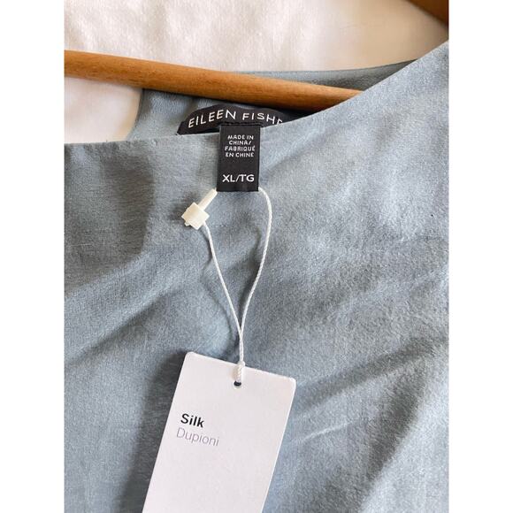 Eileen Fisher Minimalist Capsule Blue Steel V-Back 100% Silk Dupioni Blouse XL - Picture 5 of 7